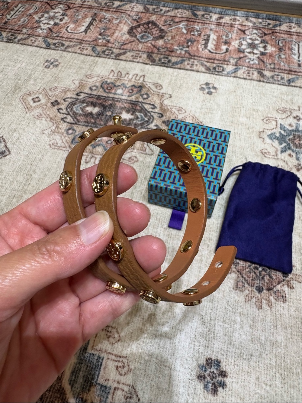 Tory Burch Cognac Leather Double Wrap Bracelet with Gold Medallions